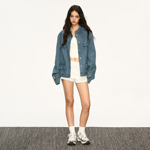 AAISUP American retro blue denim jacket for women 2025 autumn new high-end Korean style loose casual short jacket blue S