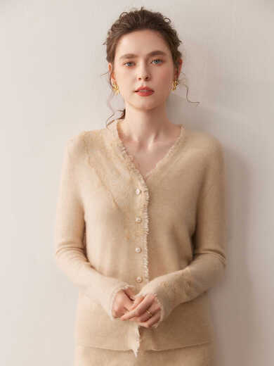 SENLIYA international light luxury high-end cashmere sweater lace jacquard v-neck cashmere cardigan women's style knitted sweater jacket white M