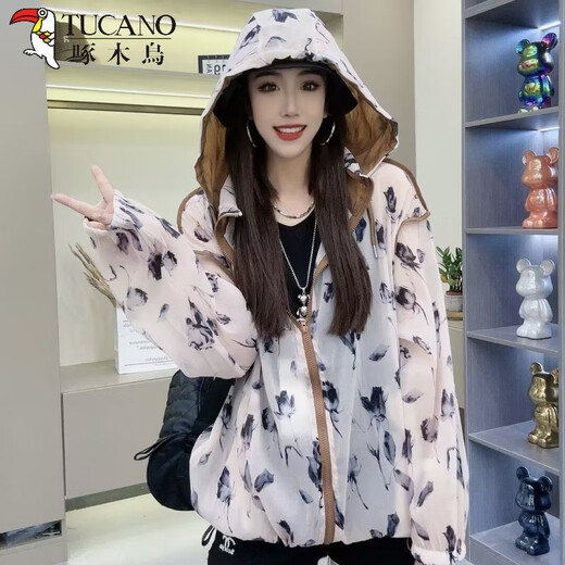 Woodpecker 2025 summer new printed sunscreen clothes for women wearing thin and breathable ice silk sunscreen clothes for sunscreen clothes thin coat flowers brown color [T08# floral light and translucent, light and thin M 90-115Jin[Jin equals 0.5 kg]