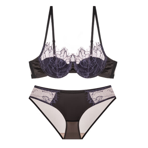 Victoria's Secret 2025 New Sexy Lace Underwear Set Women's Thin Push-Up No-Empty Cup Big Breast Revealing Small Pure Desire Bra Violet Set 80C 36