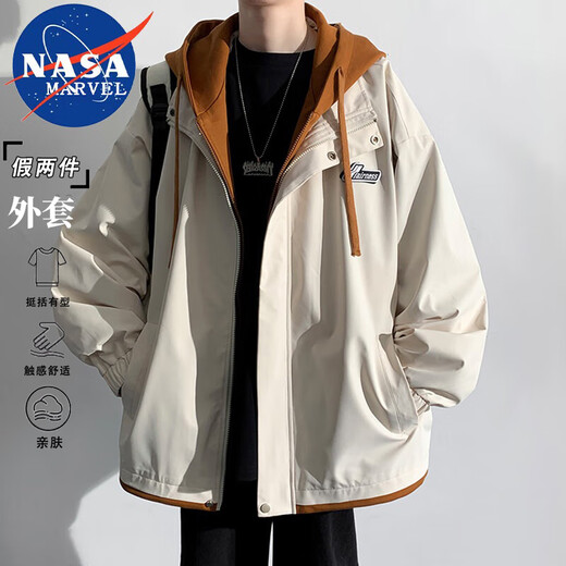 NASA MARVEL jacket men's spring and autumn jacket trend hooded fake two-piece casual fashion loose men's and women's Khaki XL