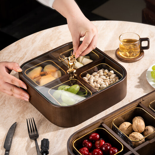 Flower Language Four Seasons Home Living Room Dried Fruit Box Solid Wood Nut Snack Storage Box 2025 New Chinese Style Melon Seed Candy Compartmented Fruit Plate Jinfu Handle 4 Compartments Rounded Corners Single Layer + 4 Square Bowls