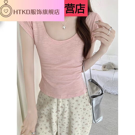 HTKD real shot real price pure slim U-neck bamboo joint cotton short-sleeved T-shirt for women in summer front shoulders sexy collarbone waist-hugging top 1391# light pink one size m