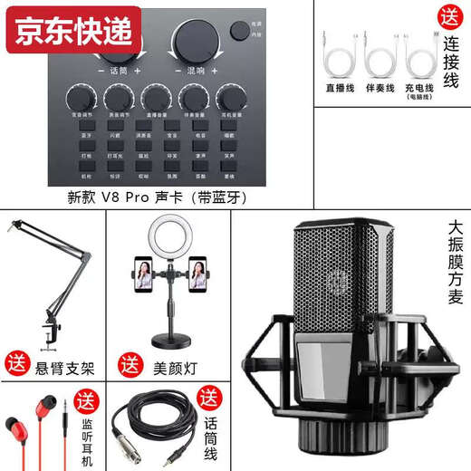 He Jiangong 2025V8 Sound Card Set Internet Celebrity Live Broadcast Sound Card Full Set Mobile Song Computer General Equipment Kuaishou V8 Sound Card + Square Microphone + Fill Light + Cantilever