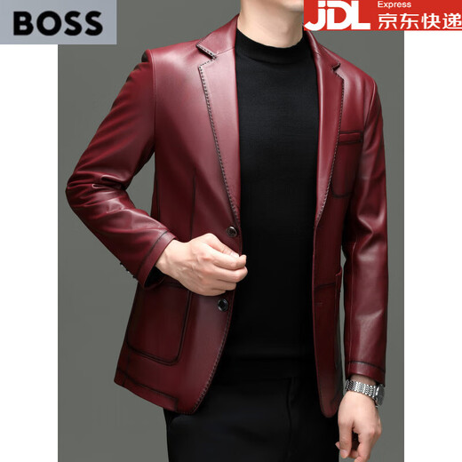 BOSS Spring and Autumn New Genuine Leather Clothing Men's Sheepskin Suit Fashion Business Casual Suit Middle-aged Men's Jacket Red S 165 Suitable for 120 Jin Jin equal to 0.5 kg or less