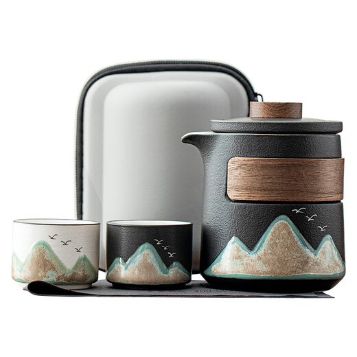 Tangfeng travel tea set, one pot and two cups, outdoor travel portable quick cup, birthday gift for elders, business souvenir, Yahei Qianli Jiangshan quick cup (with filter)