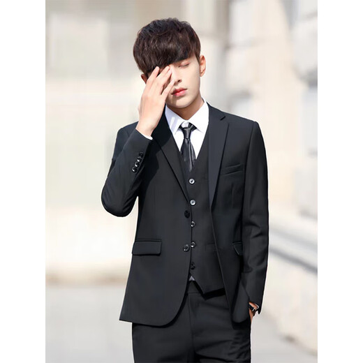 Playboy Suit Men's Summer Teenage Slim Small Suit Professional Formal Groomsman Clothing Wedding and Adult Ceremony Black 2-button Suit Top+Pants+Shirt+Vest L