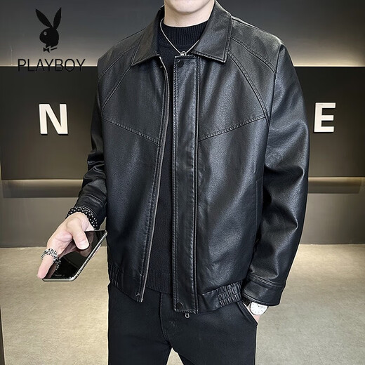 Playboy (PLAYBOY) classic handsome high-end short leather jacket for men 2025 new business wear lapel zipper autumn and winter long sleeve brown 4XL (recommended 190-210Jin Jin equals 0.5 kg g