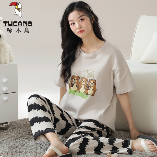 啄木鸟（TUCANO）纯棉短袖睡衣套装夏季全长裤薄款卡通家居服春秋可外穿韩版 Y9717 M (建议75-95斤)