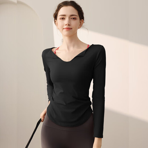 Yoga wear women's long-sleeved T-shirt temperament U-neck waist slimming sports long-sleeved Pilates training fitness top coral pink L