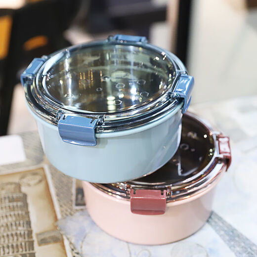 Ye Yu Korean version 304 stainless steel insulated lunch box with lid spoon dormitory instant noodle bowl office worker student lunch box water-filled insulated round lunch box single layer blue 1.2L