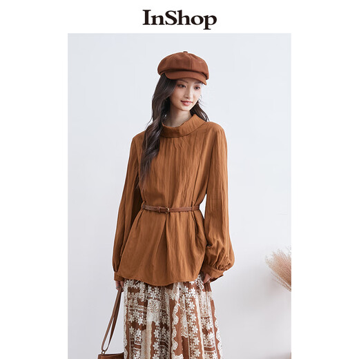 InShop【商场同款】新款女优雅氛围感衬衫腰带气质通勤上衣 摩卡咖色 S