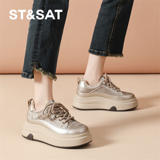 Saturday thick-soled sneakers for women, fashionable plus velvet platform shoes, soft soles, versatile, heightening and warm sports casual shoes, champagne color 38