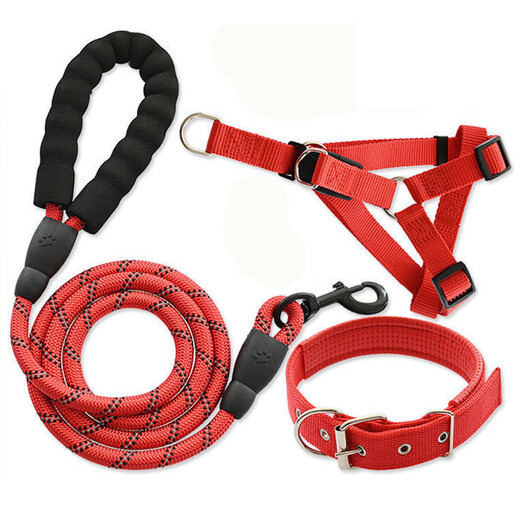 Dog leash 2 meters 3 meters long reflective dog rope large medium small dog Teddy Golden Retriever pet dog leash black three-piece set collar + chest + rope 1.5 meters S size about 5-12 Jin Jin equals 0.5 kg