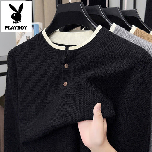 Playboy (PLAYBOY) high-end Henry collar sweater men's autumn new casual pullover button sweater with underlay shirt for men, light gray XL