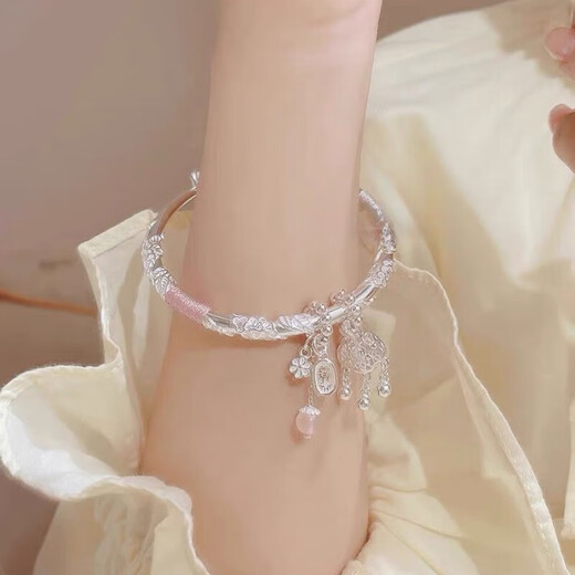 BMOI Old Phoenix 999 Pure Silver Flowers Bracelet Women's Bracelet Safety Lock Bracelet Young Style for Girlfriend Pair of Pearls Flowers Girly Powder + KT Cat 30g