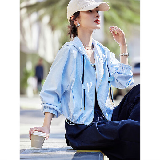 Awakening Paradise Casual Versatile Loose Workwear Top Hooded Jacket Letter Vest Drawstring Pants Three-piece Commuting Suit Blue XL