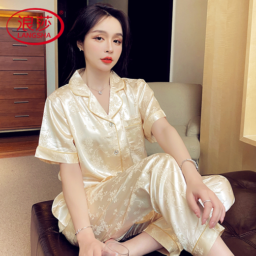 浪莎轻奢睡衣女士夏季绸缎薄款短袖长裤加大码200斤家居服高级感套装 695#水墨画三件套装 M (建议80-100斤)