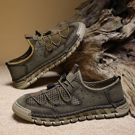 超纤皮凉鞋男款法皮鞋春夏季新款真皮镂空洞洞鞋软底休闲沙滩鞋男 沙色 【超纤皮A681】 42