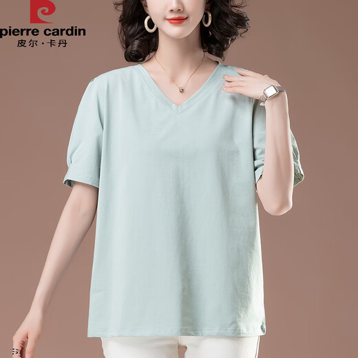 Pierre Cardin pure cotton short-sleeved t-shirt for women 2025 new summer loose sweetheart neck large size middle-aged and elderly mother V-neck t-shirt black KSP-9896 L suitable for -115Jin Jin equals 0.5 kg
