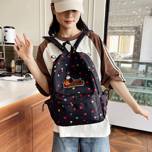 书包女新款日系甜美可爱四叶草波点绒球学生双肩包小清新女士背包 黑色8446