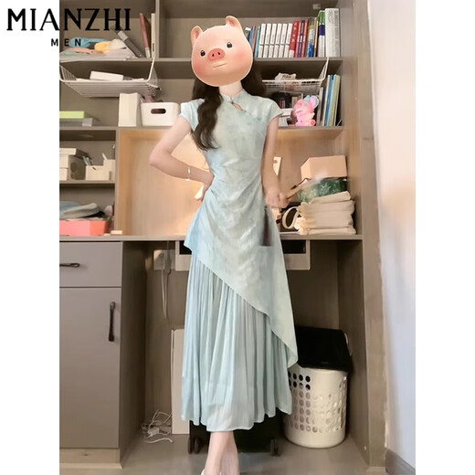 Cotton New Chinese Cheongsam Spleißkleid für Frauen im Sommer 2025 Neues kleines Verschmutzungstemperament Schlanker chinesischer Stil langes Kleid 6173 Bildfarbe [hohe Qualität 58] S 80-90Jin [Jin ist gleich 0,5 kg]