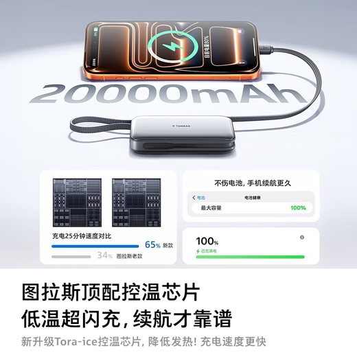 Turas Power Bank 3C certified for use on airplanes 20000 mAh built-in cable large capacity fast charging mobile power supply compact and portable suitable for Apple 17pro Xiaomi Huawei Gray