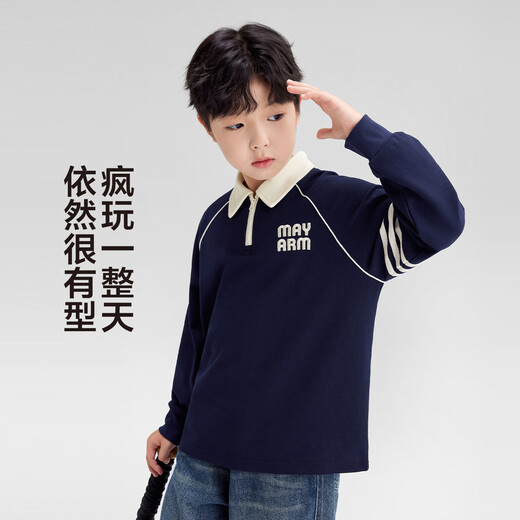 Zuoxi Boys Long Sleeve T-Shirt 2026 New College Style POLO Shirt Children Boys Big Children Base Spring Navy Blue 150