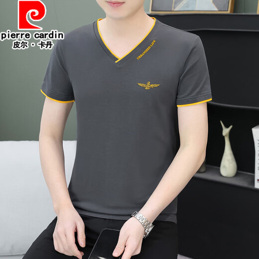 Pierre Cardin Sommer Herren kurzärmelig T-Shirt Pure Cotton V-förmige Ausschnitt Trendy Slim halbärmelte Jugendlosen-Casual-Top Dünn Sweatshirt Black Qy693 m