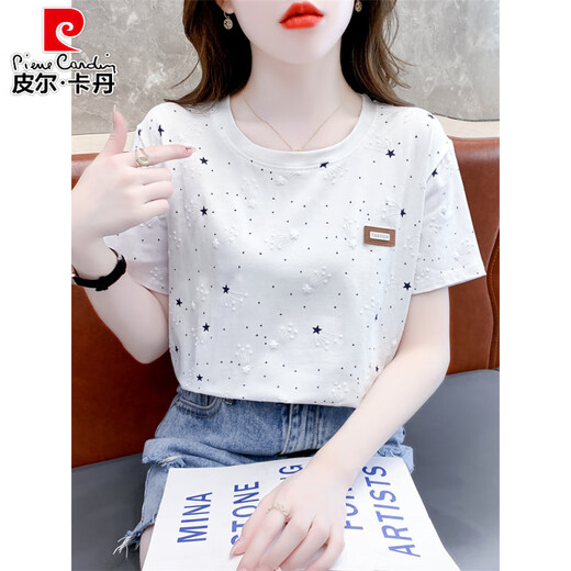 Camiseta de manga corta con estampado de algodón puro de Pierre Cardin, ropa de verano para mujer 2025, nuevo diseño suelto que cubre el vientre, camiseta versátil, tendencia superior 1396 Blue Meteor + W7274 Dandelion S adecuado para 80-99 Jin Jin equivale a 0,5 kg