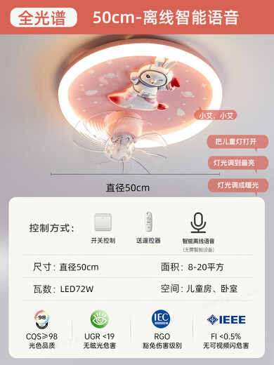 Huayi Lighting Children's Room Fan Lamp Boys and Girls Bedroom Full Spectrum Eye Protection Astronaut Unicorn 360 Degree Moving Head Ceiling Lamp Rabbit 9196 Fan Lamp + Offline Intelligent Voice