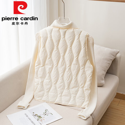 Pierre Cardin women's short down vest autumn and winter new slim fit thin warm inner vest with coat V-neck duck down liner milky white S