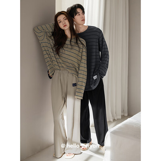 Beiyan couple pajamas for women spring and autumn new style soft cotton long-sleeved loose home wear casual striped men's loose large size suit C20533 women's L