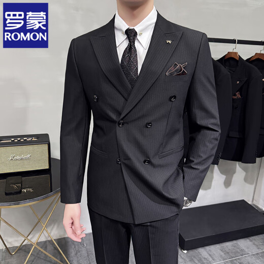 ROMON high-end suit men's suit business casual double-breasted striped slim new small suit groom wedding dress black two-piece set with free tie XL (suitable for 126-140 Jin Jin equals 0.5 kg)