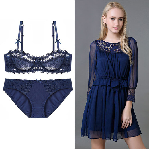 Victoria Palace sexy bra set, ultra-thin translucent half-cup lace bra, small breast push-up anti-sagging large size bra, wine red 70A/32 with S size panties