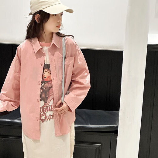 BJT Girls' Long Sleeve Shirt 2025 New Big Children's Spring and Autumn Style Fashionable Shirt Children's Autumn Casual Shirt Pink 130 cm