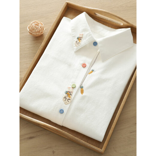Oein Muhua Lane Women's Wear Literary Fresh Cartoon Embroidery Rabbit Carrot Colorful Buttons Front Shoulder Brushed White Shirt Women's Long White Pure Cotton Long Sleeve 175 L 120-130Jin Jin is equal to 0.5 kg
