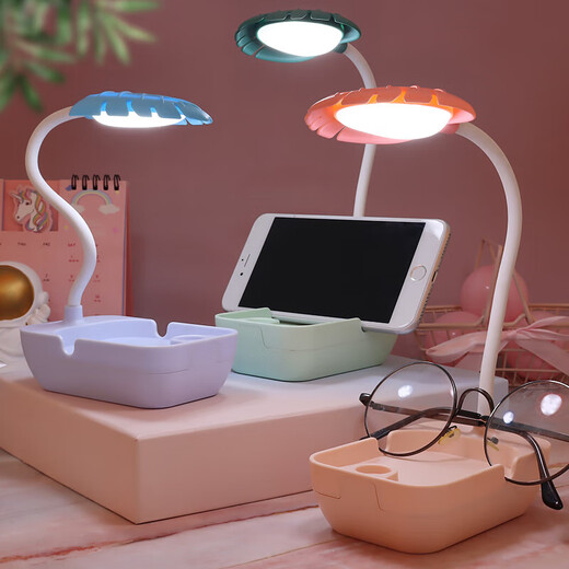 USB plug-in table lamp LED desk lamp mobile phone holder pen holder cartoon desktop ornaments children's gift night light cute small desk lamp kindergarten Children's Day gift colorful leaves + mobile phone holder + plug-in style random color