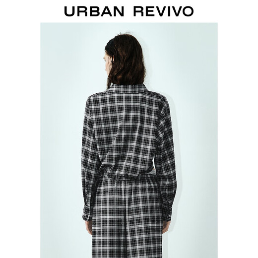 UR2026 Spring new women's clothing contrasting plaid hot diamond decoration long-sleeved blouse shirt UWJ250043 black plaid (loose) S