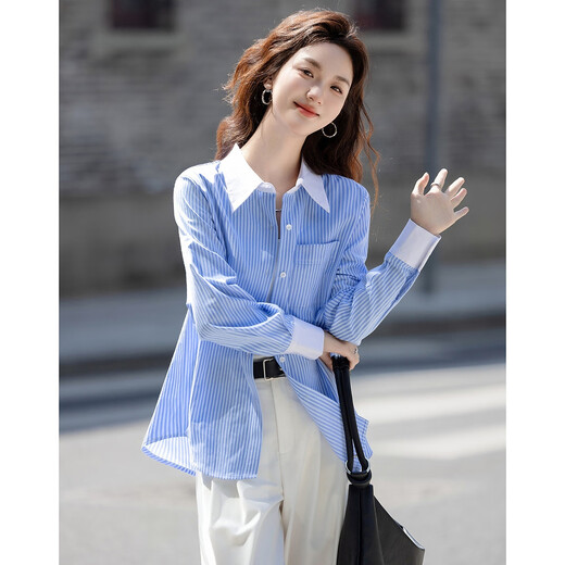 Demana Salt Intelligentsia Spring and Autumn Intelligent Stripe Contrast Color Lapel Long Sleeve Shirt Covering Flesh Shirt Women's Top