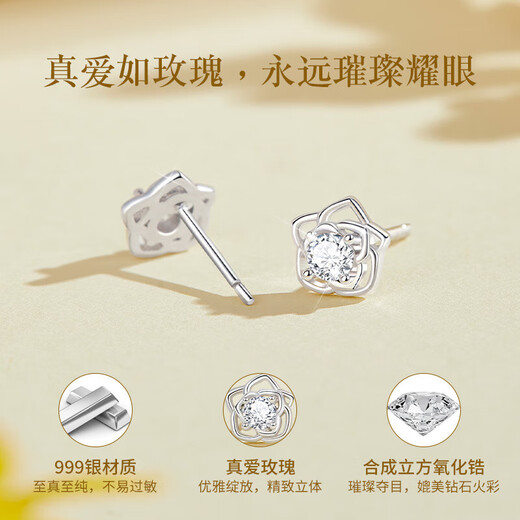 Lao Fengxiang Rose Pure Silver Sterling Silver Earrings for Women 2025 New Earrings Light Luxurious Design Birthday Gift for Girlfriends L-EZ0004 Pure Silver Rose Earrings* Brand Gift Box