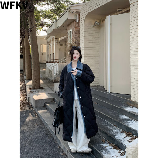 WFKV large size women's clothing for fat girls in winter fake two-piece denim splicing fashionable loose thickened warm loose long cotton clothes black 3XL 160-180Jin Jin is equal to 0.5 kg