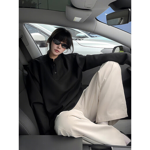 Qumi Le Deconstructed Henley Collar Sweatshirt Men's Autumn and Winter Stand Collar Right Shoulder Long Sleeve T-Shirt Heavyweight American Loose Inner Bottoming Shirt White Gray XL Recommended 120-140Jin Jin is equal to 0.5 kg