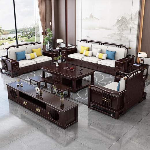 Wenting Yayuan Solid Wood Sofa Living Room New Chinese-style Storage Guifei Fabric Combination Light Luxury Small Apartment Furniture 9906 1+1+3+ Drawer Coffee Table [Storage] Cotton and linen cover