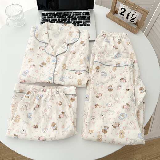 Ji Yafu HelloKitty Mullpyjama Damen Sommer Kurzarm 2025 neues süßes dreiteiliges Set Heimkleidung Yunduo Baumwolle-J9901# Paradise Puppy dreiteiliges Set M empfohlen 75-100Jin Jin entspricht 0,5 kg