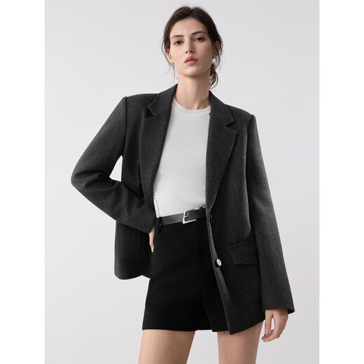 ELLE French Sheep Wool Old Money Style Suit Jacket Women's 2025 Winter New High-end Fashionable Silhouette Suit Dark Gray M