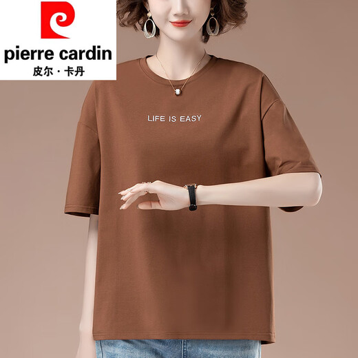 皮尔卡丹加肥加大号夏季新款宽松刺绣短袖t恤女中年妈妈休闲纯棉上衣体恤 9896黑色 L 100-115斤