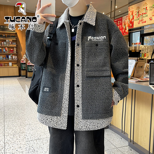 Woodpecker Jacket Men's 2025 Autumn and Winter Youth Loose Tops Trendy and Handsome Large Size Men's Tops Gray XL (120-140Jin Jin equals 0.5kg)