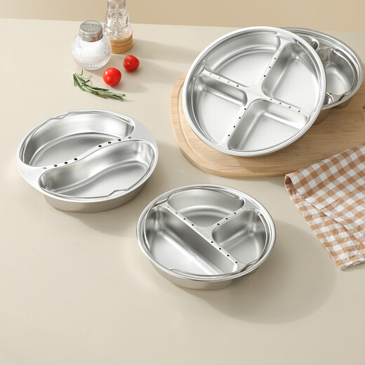 Made of 304 stainless steel high-temperature resistant steaming plate, compartmented steaming bowl, water-proof steamer, household steaming dish, rice cooker, steaming rack, dinner plate, small three-compartment, double handle design