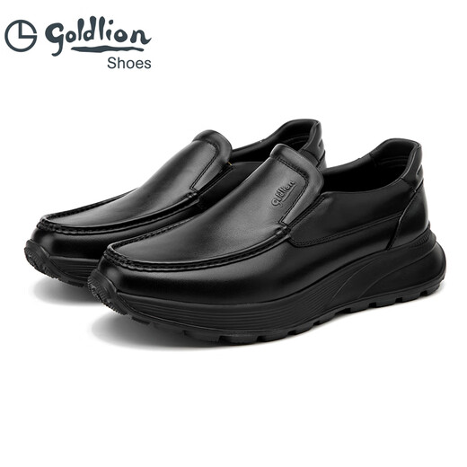 Goldlion Men's Shoes New Leather Toe Cowhide Business Casual Shoes Slip-On Lazy Shoes Flat Heel Thick-soled Loafers Black 40